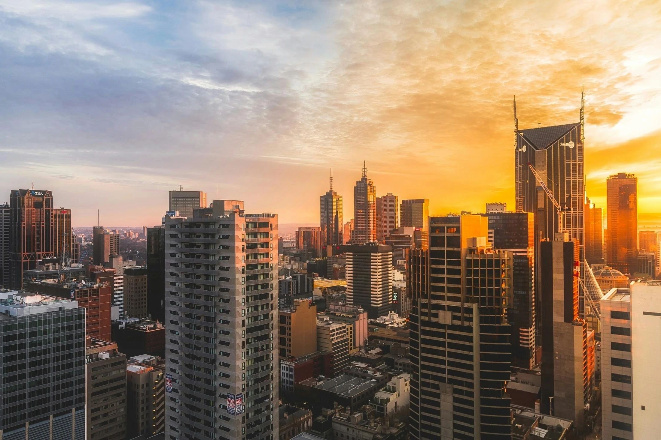 Aerial cityscape at golden hour